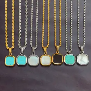 Premium 316L Stainless Steel Gold Plated Square Malachite Blue Lapis Matte Onyx Natural Stone Gemstone Necklace For Men