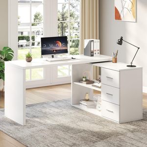 <span class=keywords><strong>Bureau</strong></span> d'angle en L avec tiroirs <span class=keywords><strong>et</strong></span> étagères, rotation à 360°, réversible gauche/droite, réglable, pour ordinateur, avec rangement - Product Image 1