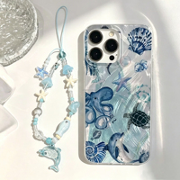 Coque de téléphone portable INS en soie argentée à motif tortue de mer bleue et étoile de mer avec chaîne pour iPhone 16 17 Pro Max Air