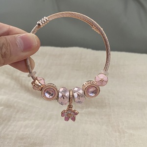 Pulseras de Acero Inoxidable con Flores de Esmalte Rosa para Mujeres y Niñas, <span class=keywords><strong>Pulsera</strong></span> de Cuentas, Regalos de Joyería DIY - Product Image 2