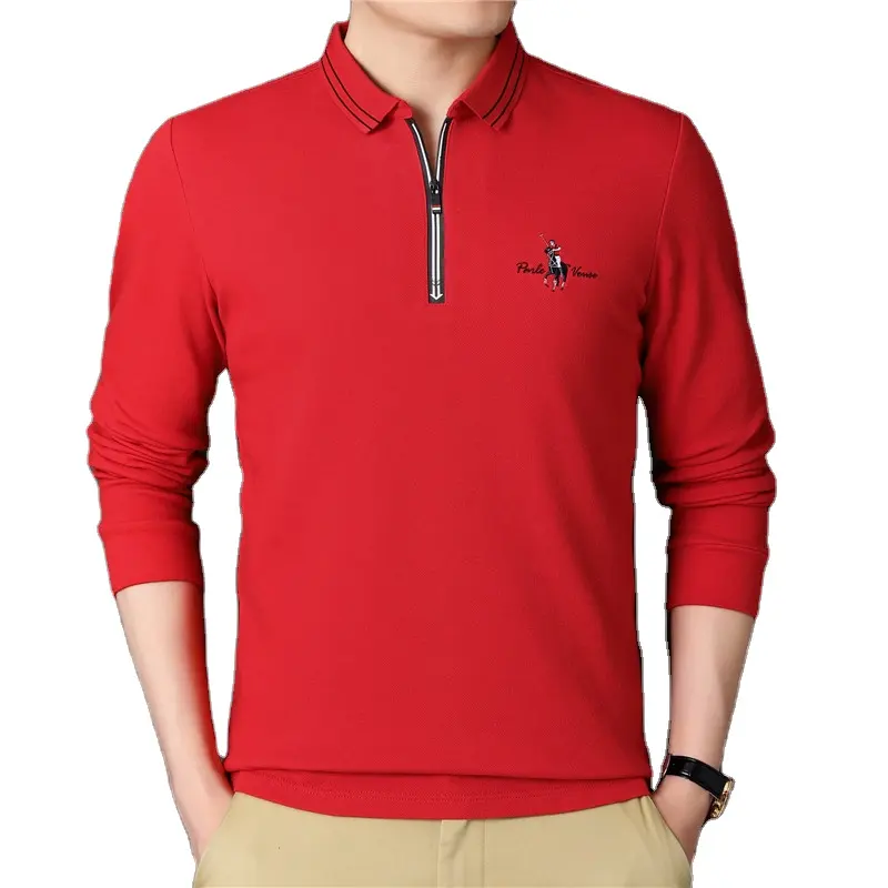 Men long sleeve business polo shirt embroidery and front zipper T-shirt