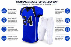 Uniforme de football américain pour hommes, maillot bleu, pantalon blanc, respirant, évacuant l'humidité, col en V, manches courtes, coupe athlétique, équipe personnalisée - Product Image 6