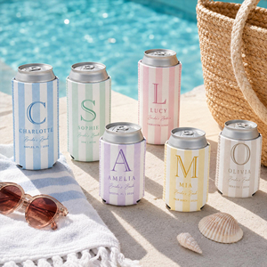 Porte-canettes personnalisé avec logo personnalisé pour la réception de mariage, monogramme, en néoprène, rayé, manchon pour canette - Product Image 1