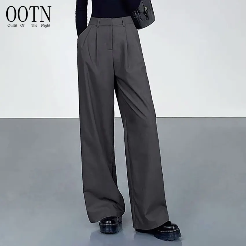 OOTN Office Ladies Classic Work Floor-Length Pants Winter 2023 Gray High Waist Pants Pleated Elegant Women Wide Leg Pants