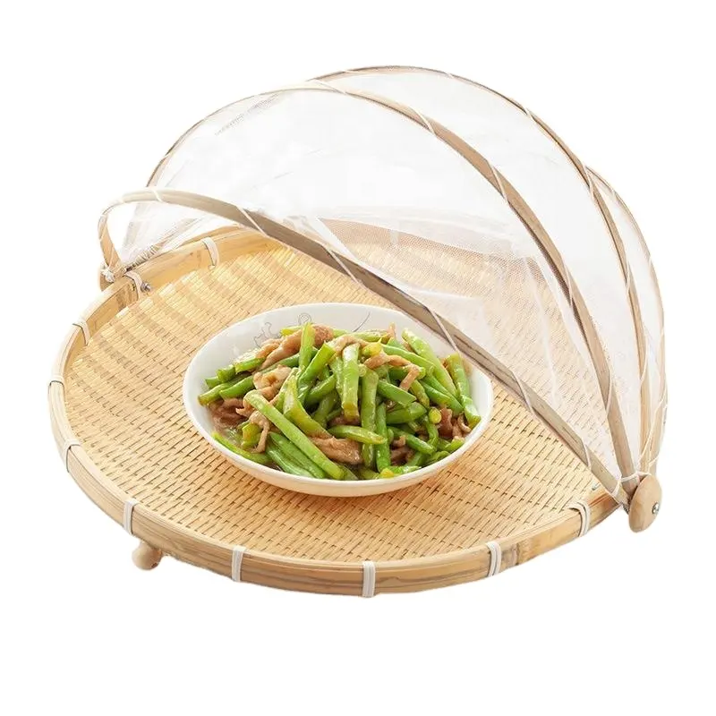 Cesta de tienda de bambú para servir con tapa, cesta tejida a mano, cesta de Picnic redonda a prueba de polvo, caja de tienda de bambú para frutas y verduras
