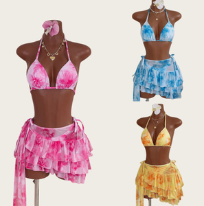 Viviblook Z403ST04 Conjunto de bikini de tres piezas para mujer, nuevo, con estampado floral, sexy, informal, con cordones, falda tipo tanga, traje de baño para vacaciones. - Product Image 1