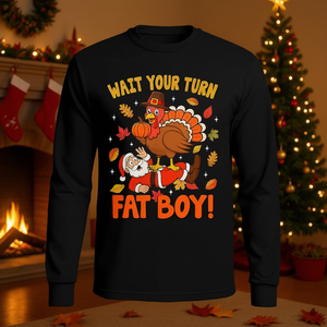 Camiseta de manga larga con estampado digital de Wait Your Turn Fat Boy Turkey On Santa, unisex, para adultos, cuello redondo, para fiestas familiares - Product Image 3