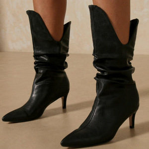 Western Style <b>Slip</b>-<b>on</b> Half Knee High Women <b>Boots</b> Stiletto Heels Slang Cut Sexy Casual Winter Shoes Midi Calf Size 43 - Product Image 1