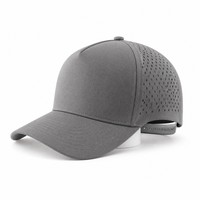 Casquette de baseball unisexe grise avec patch en caoutchouc, snapback, ventilation découpée au laser, visière incurvée, six panneaux, réglable, vente en gros