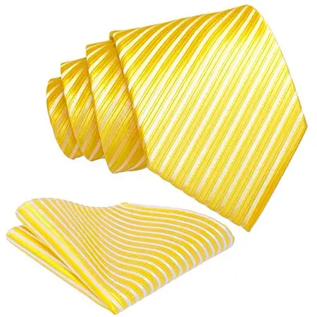 custom various design yellow striped polyester tie and pocket squares set