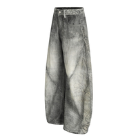 Jean en denim vintage délavé à l'acide de haute qualité, coupe baril, avec coutures courbées, jambe large et ample, effet usé, style streetwear, hiver, 100% denim