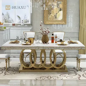 Huaxu Moderno conjunto de mesa de jantar em aço inoxidável para sala de estar, mesa de jantar com base em mármore, conjunto para casa