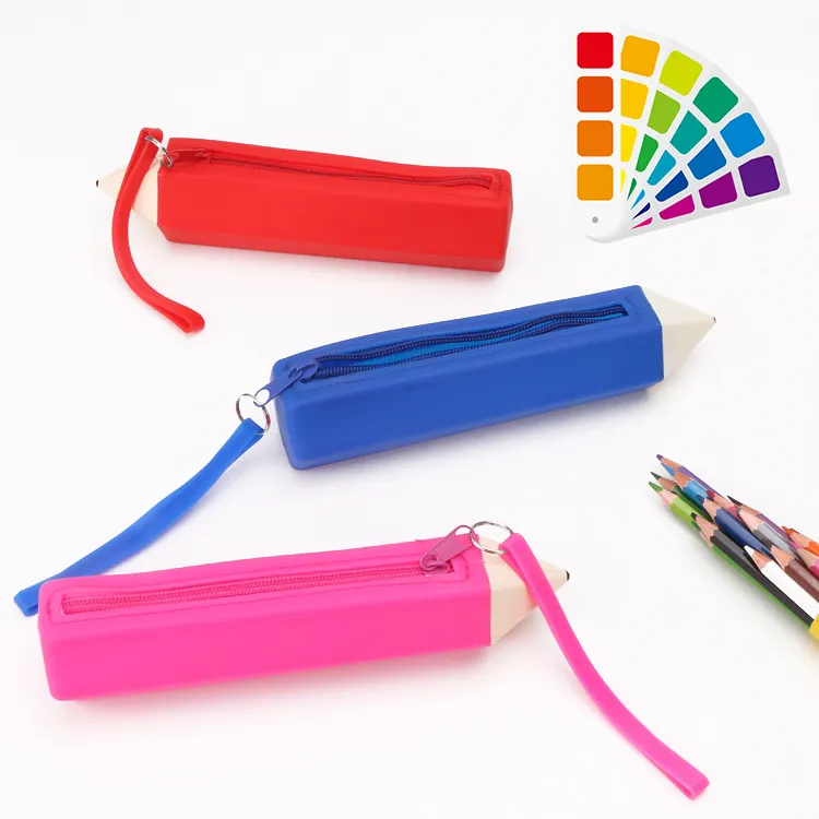 Tempat pensil sekolah anak-anak, berbentuk pensil ritsleting silikon untuk anak perempuan anak-anak Bpa gratis logo kustom warna tas pensil silikon