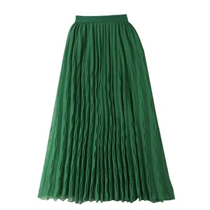 Chiffon Long Pleated Skirt VD3271 Elastic Waist Black White Green Women Skirts