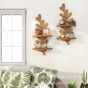 Tree Shaped Solid Wood <b>Wall</b> <b>Mounted</b> <b>Shelf</b> Natural Color Hanging Storage Rack For Living Room Bedroom - Product Image 1
