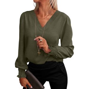 Women's V Neck Puff <b>Sleeve</b> Blouse Chiffon Elastic Office Work <b>Top</b> Business Casual <b>Long</b> <b>Sleeve</b> Dressy Shirt - Product Image 1