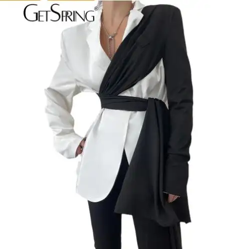 Yuerwang Women Blazer Black irregular blazer Patchwork Asymmetry Blazers And Jackets Bandage Suit Coats 2021 New
