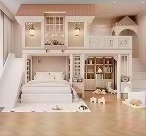 Lit château princesse rose et vert de luxe durable avec toboggan, design moderne, pour hôtel et école, grand rangement intégré - Product Image 5
