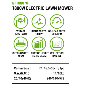 Vertak 1800W <span class=keywords><strong>tondeuse</strong></span> à gazon électrique à cordon avec sac d'herbe à dégagement rapide pour un usage professionnel pour le marketing - Product Image 3