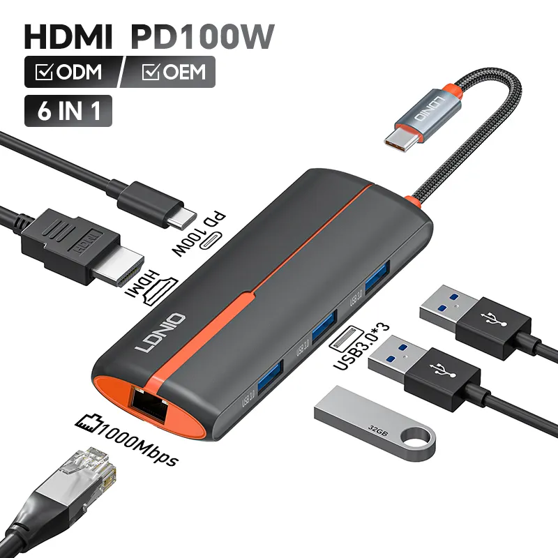 LDNIO Hub USB 6 en 1 de haute qualité Hub Type-C Station d'accueil multiport avec adaptateur de charge 4K HDM1 USB3.0 PD 6 ports USB C Hubs