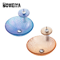 Boweiya Meilleure Vente Élégante Vasque de Salle de Bain Bleue et Blanche en Verre Trempé Transparent Minimaliste à Poser sur Comptoir