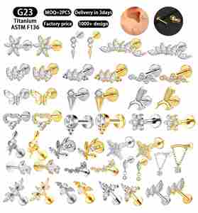 Bijoux de piercing corporel en Titane ASTM-F136 et Zircon, Piercing en Titane, Boucles d'oreilles à dos plat pour Tragus, Hélix, Daith, Lobe, Labret, Mariage - Product Image 1