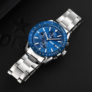 Reloj cronógrafo redondo para hombre, reloj de pulsera de lujo de acero inoxidable, reloj de cuarzo resistente al agua 30M, reloj de pulsera con correa de cuero - Product Image 1