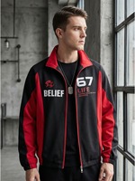 Veste de sport pour homme, noire et grise, avec imprimé BELIEF 67 LIFE, fermeture éclair intégrale, col montant, confortable, pour la gym, l'entraînement, le quotidien et le streetwear