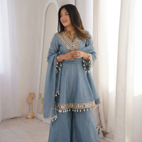 Ensemble Kurti Sharara court en soie et mousseline avec broderies miroir, style ethnique indien, collection de créateur, 3 pièces, Salwar Kameez pakistanais, vente en gros