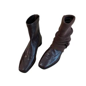 Cowhide Version ~ Women's Minimalist Leather Square-Toe Versatile Ankle <b>Boots</b> Retro Back-Zip Stretch Slim-Fit Fashion <b>Boots</b> - Product Image 6