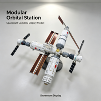 Modèle d'affichage intermodulaire de station spatiale pour usage résidentiel, capsules blanches, connecteurs gris, panneaux solaires à bords rouges, arrays noirs, doré