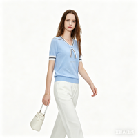 Haut en tricot décontracté pour femme, style preppy uni, respirant, à manches courtes, avec ourlet côtelé et col marin