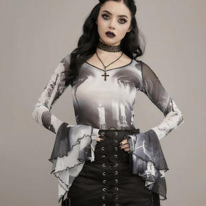 Sexy Streetwear <strong>Goth</strong> Dark Punk Print Y2k Mesh <strong>Women</strong> Crop Tops Gothic Flare Sleeve See Through T-shirts Lettuce Hem - Product Image 2