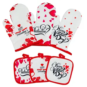 Valentine's Day Heat Proof Protection Oven Mitts And Pot Holders Sets Custom Printed Oven Mitts With Cushion