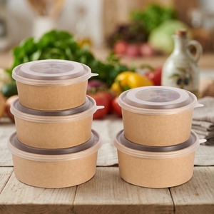 Bol à salade en papier kraft imperméable <span class=keywords><strong>avec</strong></span> couvercle, fournitures de restauration jetables, conteneur alimentaire de qualité alimentaire pour restaurant, personnalisable - Product Image 1