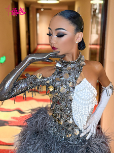 Abito da Ballo Latino Vennystyle per Donne, Costume da Competizione con Strass, Abbigliamento Professionale Standard con <span class=keywords><strong>Gonna</strong></span> <span class=keywords><strong>di</strong></span> <span class=keywords><strong>Piume</strong></span> - Product Image 1