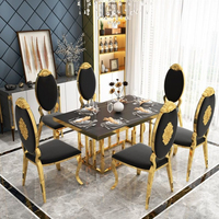Ensemble de table à manger de luxe au design moderne, de qualité supérieure, avec base rectangulaire en acier inoxydable et plateau en marbre