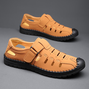 Men's Genuine Leather Closed Toe <b>Flat</b> <b>Sandals</b> Breathable Hook Loop Casual Summer Outdoor Driving Shoes - Product Image 2