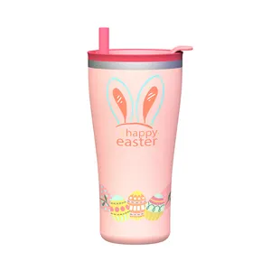 Caneca de viagem com parede dupla de aço inoxidável 580ml logotipo personalizado, ovo de páscoa rosa, coelhinhos e coelhinhos, com revestimento personalizado, copo de aço inoxidável para viagem, ideal para uso em ambientes de viagem, ideal para o ano 2024