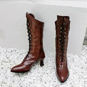 Botas Martin de salto alto para mulheres, botas de meia panturrilha com cadarço, moda de tamanho grande, dedo do pé pontiagudo, tendência da moda, 2024