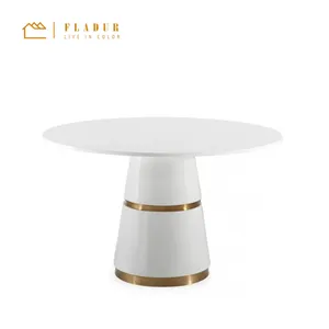Tavolo da Pranzo Bianco Glamour con Base a Cono Laccata, Piano in MDF e Dettagli Dorati per Sala da Pranzo, Soggiorno e Ristorante - Product Image 1