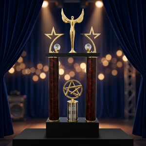 Trofeo Ángel Dorado con Columnas Rojas y Detalles de Estrellas para Premios Deportivos, Fundición a Presión, Grabado en Metal, Base de Madera Negra, Portátil, Gran Tamaño - Product Image 1