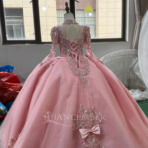Robe de Quinceañera de luxe rose Mc037, robe de demoiselle d'honneur, corset perlé argenté, robe de bal illusion, appliques en dentelle, Sweet 15 Jancember - Product Image 3