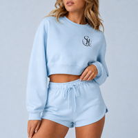 Logo Kustom Label Pribadi 100% Katun Set Sweatshirt Pendek Wanita Celana Pendek Pinggang Tinggi Pakaian Santai 2 Potong Setelan Yoga Tren 2026