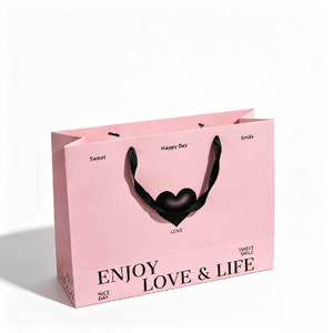 <span class=keywords><strong>Borsa</strong></span> Shopper in Carta con Motivo Cuore <span class=keywords><strong>Rosa</strong></span> e Manici in Raso Nero, <span class=keywords><strong>Borsa</strong></span> Regalo Moderna Stampata per Boutique di Moda e Occasioni Speciali - Product Image 2