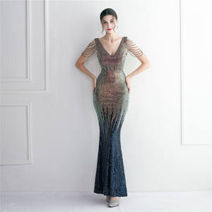 19605 # largo banquete Delgado noche temperamento elegante color mezclado cuentas artesanía rebordear vestido de fiesta - Product Image 3