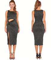 Vennystyle Meilleures ventes Robe de danse Tango gris pailleté sans manches avec découpes, détail torsadé, fente haute, en Spandex extensible pour femmes adultes