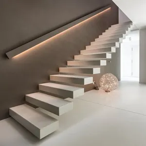 Interior moderno 50 mm de espessura Escada em madeira de carvalho Claro passos Escadas com corrimão de vidro Flutuante para Villa