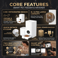 Distributeur d'eau et de nourriture 2-en-1 pour animaux de compagnie, 5L de nourriture, 3L d'eau, bol en acier inoxydable 304, contrôle par application, minuterie, double alimentation, pour chat, CE RoHS, logo personnalisé