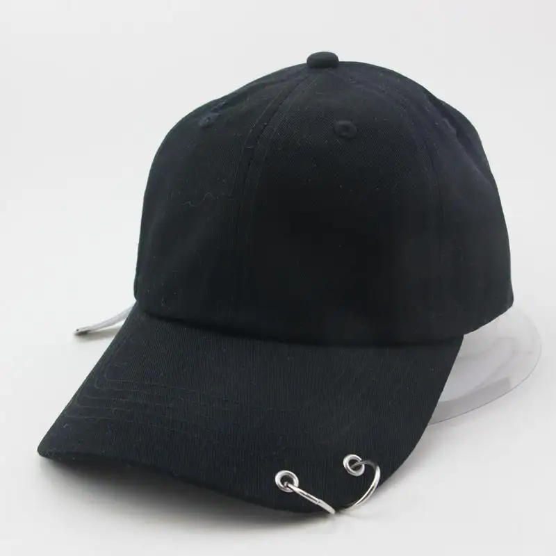 New Design Custom Ladies Fashion Black Cotton Baseball Cap With Rings 6 Panel Hats For Woman Unstructured Hat Baseball Cap